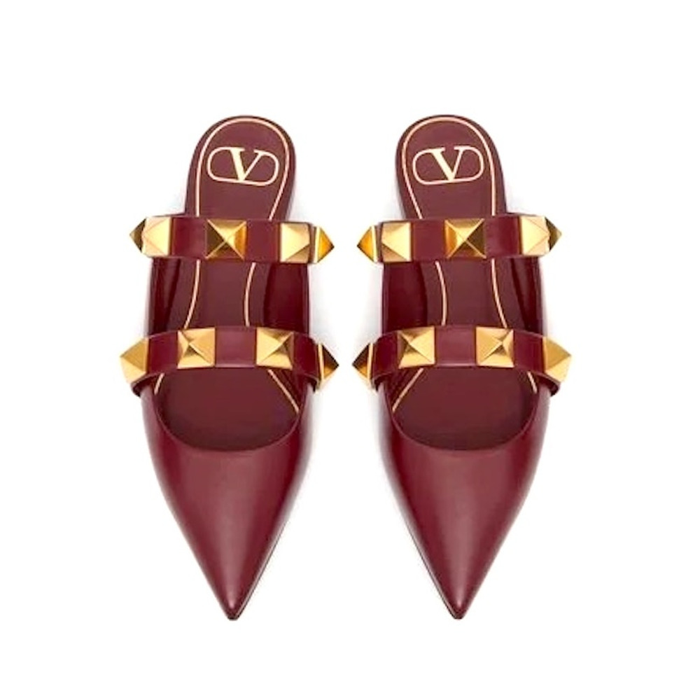 Valentino Garavani Burgundy Roman Stud Flat Leather Mules Gold 42 - Picture 6 of 7